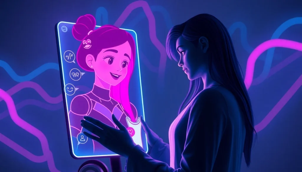 Interactive NSFW AI chatbot interface with animated character expressing emotions, designed for adult engagement.