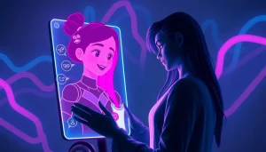 Interactive NSFW AI chatbot interface with animated character expressing emotions, designed for adult engagement.