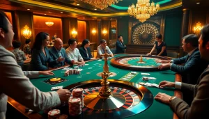 Experience the thrill of 555 win at a luxury casino with exciting poker action and vibrant chip stacks.