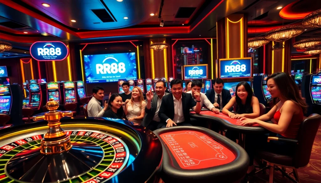 Experience thrilling gameplay at RR88 with vibrant slot machines and a roulette wheel in a luxury casino setting.