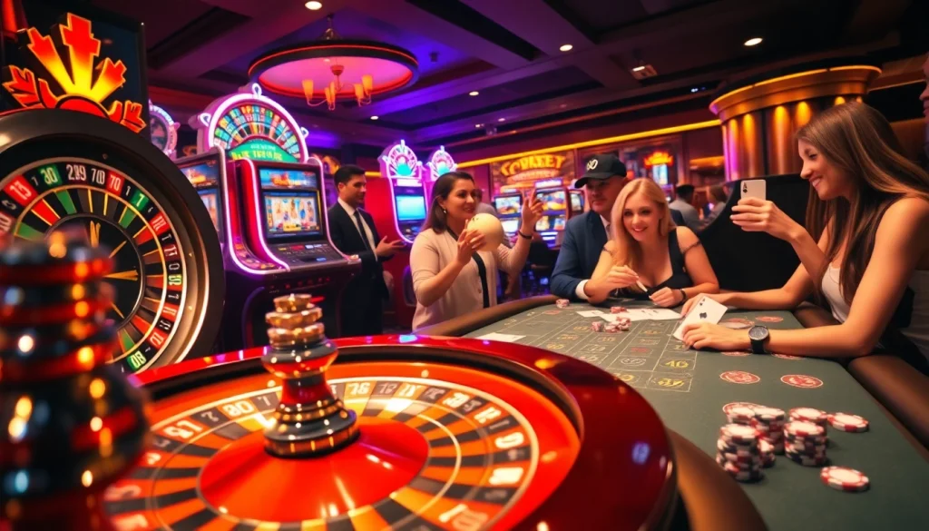 Experience thrilling moments of רמי אונליין as players engage in a luxury casino setting with roulette and poker.