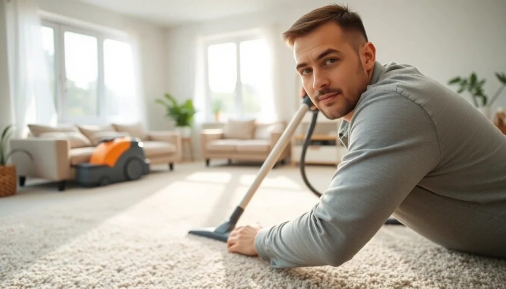 Efficient carpet cleaners Lincoln CA demonstrating professional cleaning techniques in a bright living room.