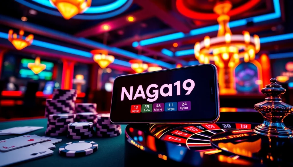 Naga169 mobile interface on a vibrant casino setting, showcasing excitement and luxury in online gambling.