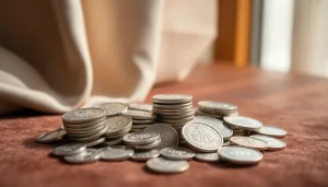 Compra argento con dettagli di monete d'argento esposte su una superficie elegante.