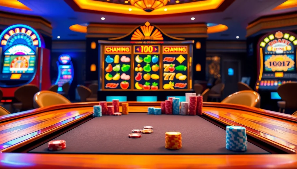 Engaging scene of online gambling at TRANG CHỦ KKWIN featuring poker tables and slot machines.