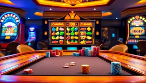 Engaging scene of online gambling at TRANG CHỦ KKWIN featuring poker tables and slot machines.