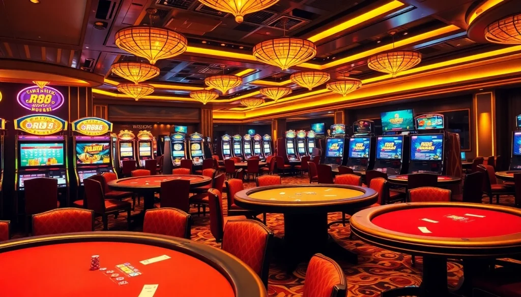 RR88 gaming scene with vibrant slot machines, poker tables, and gaming excitement.