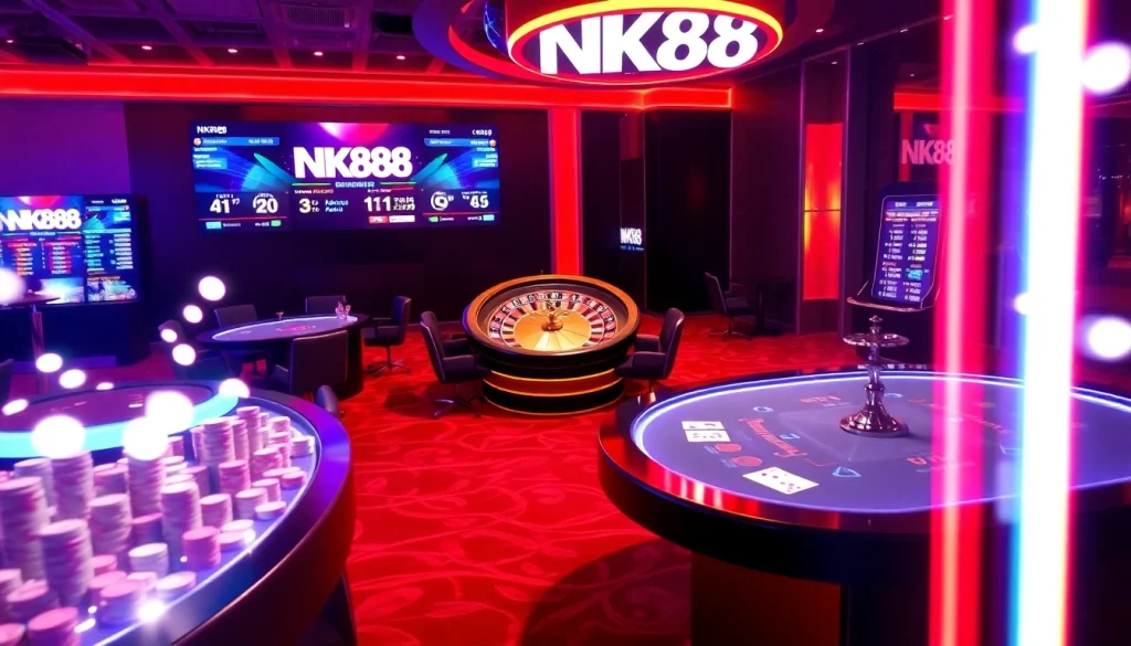 NK88 exhilarating casino scene with roulette, poker chips, and online gaming excitement.