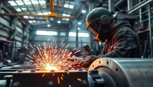 Workers crafting metal components in a steel fabrication shop, showcasing skill and craftsmanship.