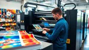 Engaging printing edmonton services illustrated in a vibrant print shop environment featuring modern equipment.