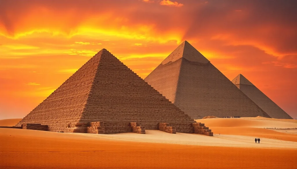 View of iconic piraminds of Giza under a colorful sunset, highlighting their majesty and scale.