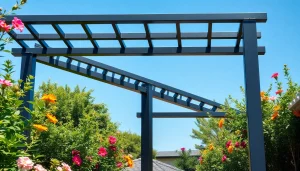 Enhance your outdoor space with a modern steel pergola, featuring sleek design and vibrant surroundings.