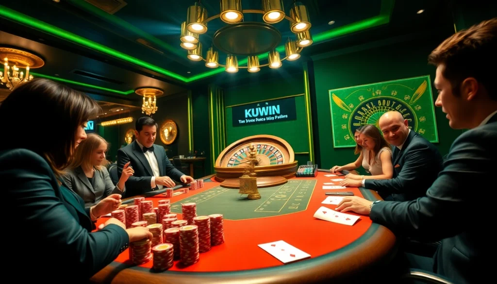 KUWIN players strategizing at an online poker table with vibrant casino elements and action-packed ambiance.