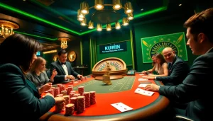 KUWIN players strategizing at an online poker table with vibrant casino elements and action-packed ambiance.