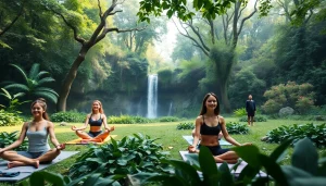 Participants enjoying a wellness retreat surrounded by nature, practicing yoga in a peaceful setting.