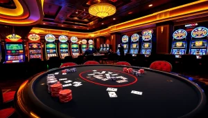SODO casino table scene featuring poker chips, cards, and slot machines in a vibrant atmosphere.