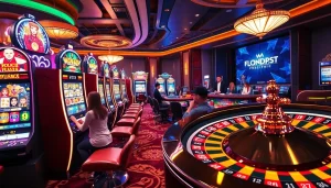 Engaging players enjoy slot pulsa at vibrant casino machines, highlighting exciting gaming experiences.