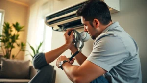 Technician performing AC repair Poughquag in a warm residential setting with advanced tools.