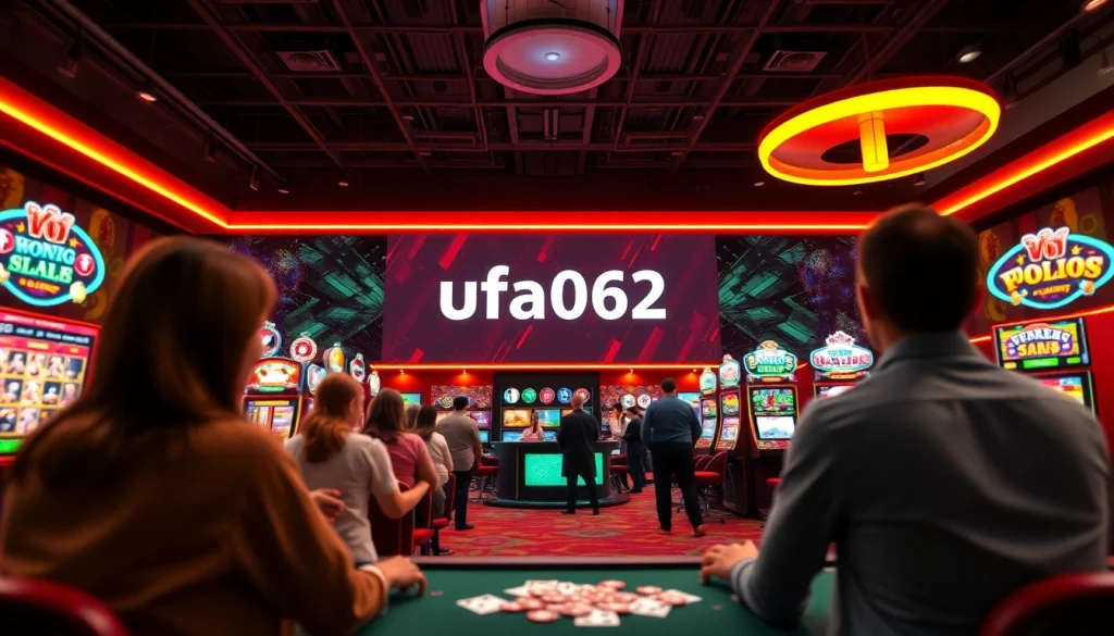 ufa062 แพลตฟอร์มการพนันออนไลน์ที่น่าตื่นเต้นพร้อมโลโก้และบรรยากาศคาสิโนที่มีชีวิตชีวา