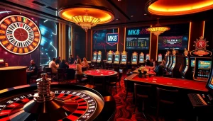 Experience the thrill of gambling at MK8's luxurious casino with energetic players at the tables.