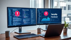 Web scrapping workspace with dual monitors showing code and charts for e-commerce analysis.