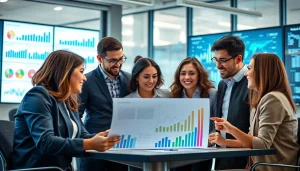 Exploring business growth insights through team discussions in a modern office.