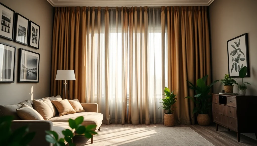 Bezoek uw favoriete verduisterende gordijnen die elegant in de woonkamer hangen.