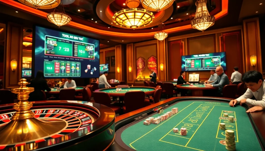 Exciting scene at a casino featuring Tool xo so sieu toc, poker chips, roulette wheel, and engaged players.