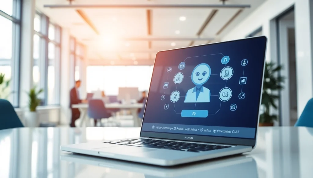 Showcase the AI Receptionist in a modern office, highlighting a virtual assistant's friendly interface.