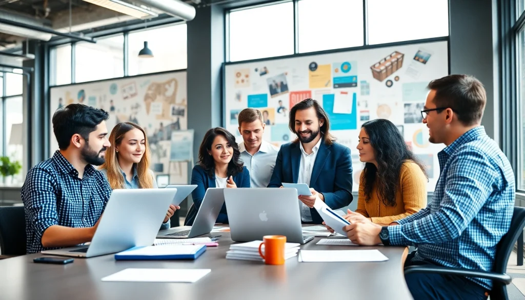 Marketing Agency team brainstorming innovative strategies in a modern office.