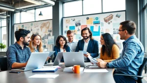 Marketing Agency team brainstorming innovative strategies in a modern office.