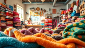 Bekijk gedessineerde fleece stoffen met verschillende kleuren en patronen in een sfeervolle stofwinkel.