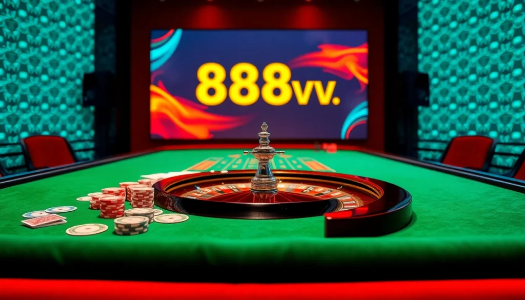 Experience thrilling gameplay with 88vv at a vibrant casino table, featuring poker chips and roulette.