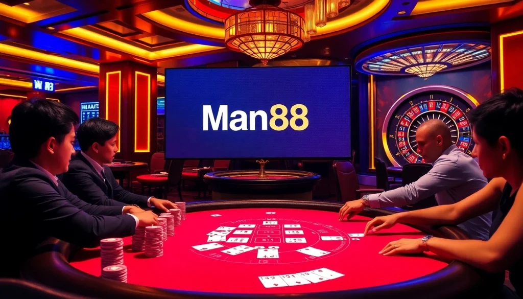 Casino excitement with Man88 logo, players at poker table in vibrant scene.
