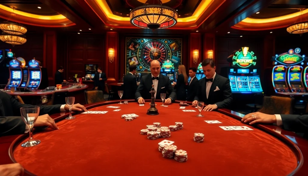 Experience thrilling gambling at https://mm88.video/ with an elegant casino scene featuring poker and roulette.