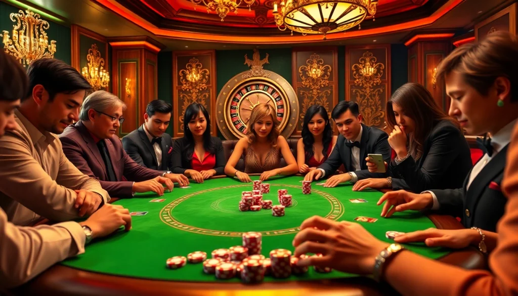 Exciting GG 88 poker night with players, colorful chips, and a roulette wheel in a luxurious casino setting.