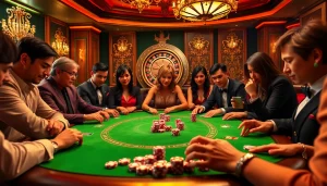 Exciting GG 88 poker night with players, colorful chips, and a roulette wheel in a luxurious casino setting.