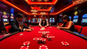 Players enjoying a high-stakes poker game with GO8 chips and cards in a luxurious casino.