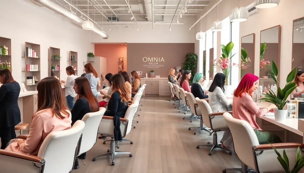 Hair salons san diego - vibrant interior of Omnia Salon with stylists and clients enjoying hair services.