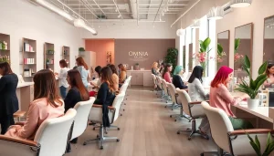 Hair salons san diego - vibrant interior of Omnia Salon with stylists and clients enjoying hair services.
