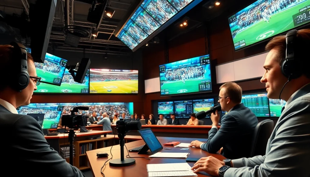 Engaging scene of sports broadcasting with announcers in action, highlighting Sports Broadcasting.