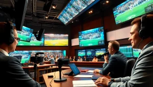 Engaging scene of sports broadcasting with announcers in action, highlighting Sports Broadcasting.