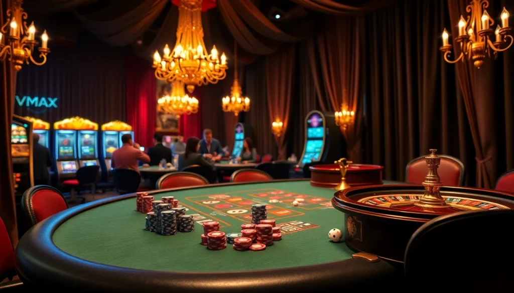 Experience excitement at a VMAX casino table with vibrant poker chips, warm lighting, and thrilled gamblers.