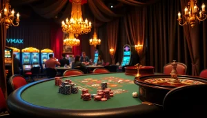 Experience excitement at a VMAX casino table with vibrant poker chips, warm lighting, and thrilled gamblers.