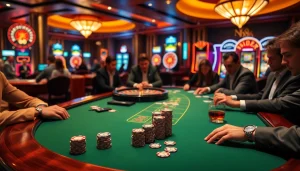 Players engaging in an intense poker game at a luxurious casino table featuring NK88 poker chips and cards.