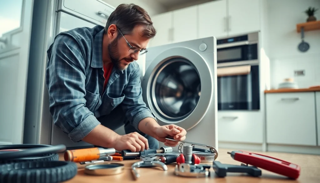 Technician performing appliance repair ottawa with tools in a bright kitchen environment.