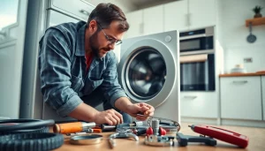 Technician performing appliance repair ottawa with tools in a bright kitchen environment.