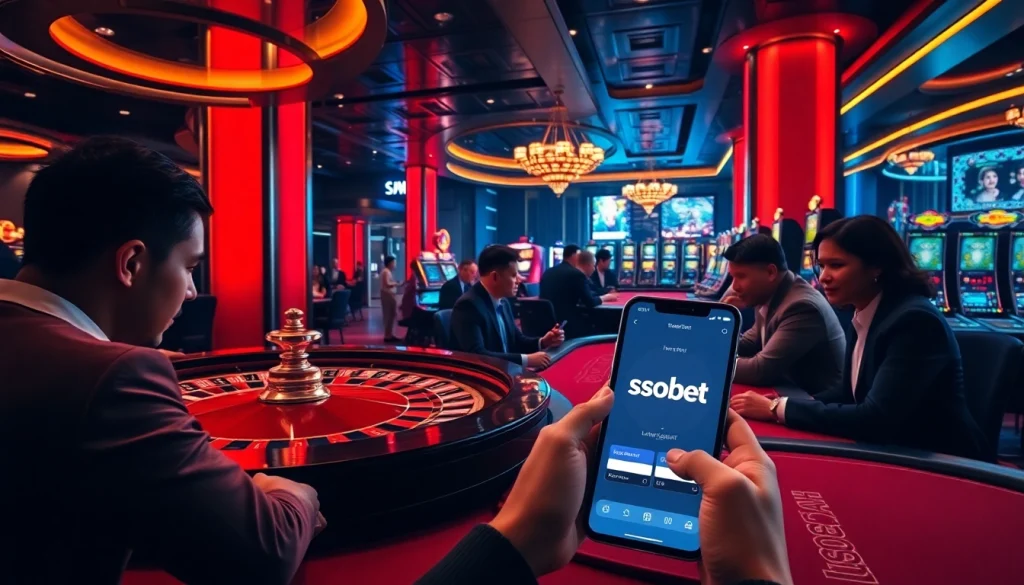 SboBet link alternatif displayed on a smartphone amidst a luxurious casino setting.