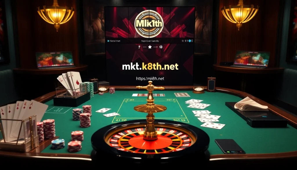 An exciting online gambling scene featuring high-stakes poker chips and a roulette wheel at https://mk8th.net/.