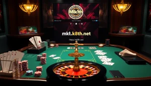 An exciting online gambling scene featuring high-stakes poker chips and a roulette wheel at https://mk8th.net/.